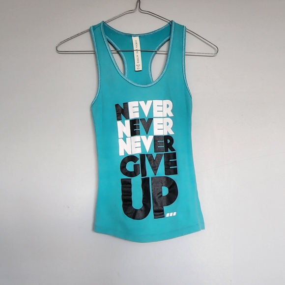 Lorna Jane Active Muscle Tank Aqua Blue Green Singlet. Never Never Never Give Up - Picture 2 of 6